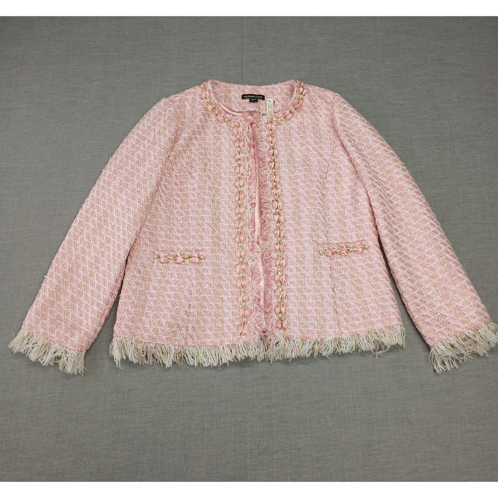 Michael Simon Women’s Pink Tweed Pearl Trim Jacket Size L Polyester Lined New